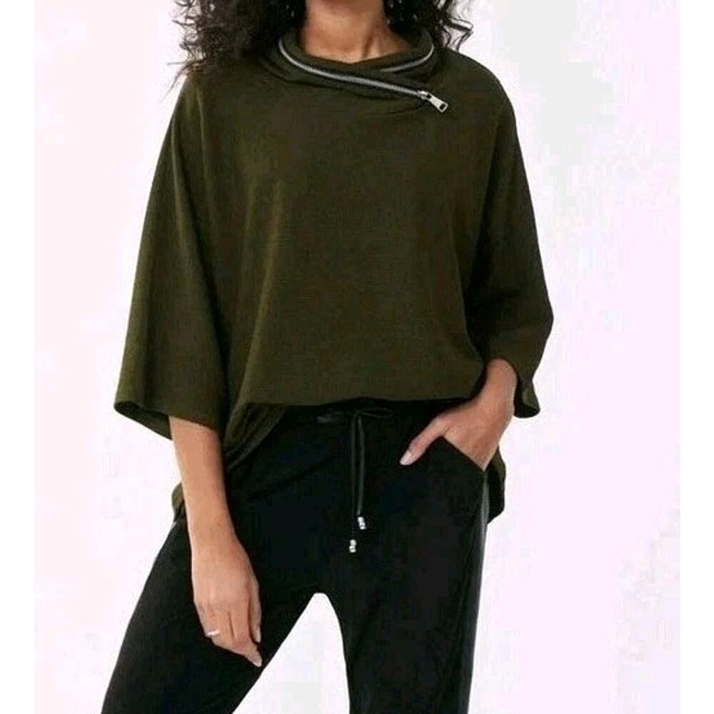 Joseph Ribkoff‎ Black Olive Slouchy Top Women’s 12 Asymmetrical Zip Lagenlook